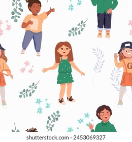 Background, round with a group of happy children. Cute diverse cheerful children celebrating, waving, greeting. Joyful excited kindergarten friends, little girls and boys. Flat, vector.