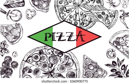 Background with round pizza, pieces of pizza, knife, parmesan. Set of Italian cuisine. Ink hand drawn Vector illustration. Composition of food elements for menu design.