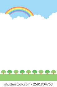Background of row of trees and rainbow sky, vector illustration