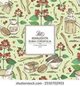Background with rubia cordifolia: rubia cordifolia plant, leaves, manjishta berries and rubia cordifolia roots. Manjishta. Oil, soap and bath salt . Cosmetics and medical plant. Vector hand