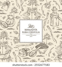 Background with rubia cordifolia: rubia cordifolia plant, leaves, manjishta berries and rubia cordifolia roots. Manjishta. Oil, soap and bath salt . Cosmetics and medical plant. Vector hand