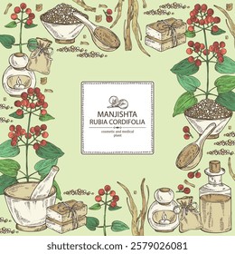 Background with rubia cordifolia: rubia cordifolia plant, leaves, manjishta berries and rubia cordifolia roots. Manjishta. Oil, soap and bath salt . Cosmetics and medical plant. Vector hand