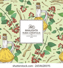 Background with rubia cordifolia: rubia cordifolia plant, leaves, manjishta berries, rubia cordifolia roots and bottle of manjishta oil. Manjishta. Vector hand drawn illustration.