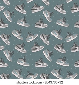Background with running shoes. Cartoon sports sneakers in a circle of doodle dots. Pattern of shoes for textiles. Vector illustration