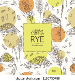Background with rye: ears, bag of grain and rye grain. Vector hand drawn illustration