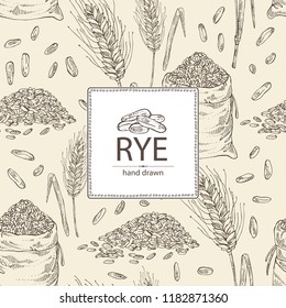 Background with rye: ears, bag of grain and rye grain. Vector hand drawn illustration