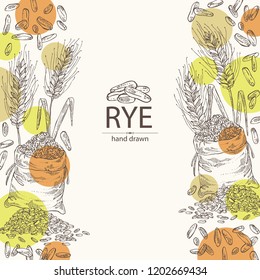 Background with rye: ears, bag of grain and rye grain. Vector hand drawn illustration