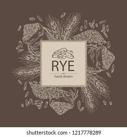 Background with rye: ears, bag of grain and rye grain. Vector hand drawn illustration