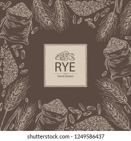 Background with rye: ears, bag of grain and rye grain. Vector hand drawn illustration
