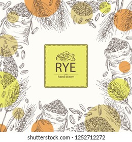 Background with rye: ears, bag of grain and rye grain. Vector hand drawn illustration