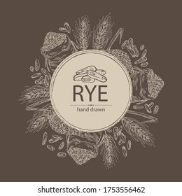 Background with rye: ears, bag of grain and rye grain. Vector hand drawn illustration