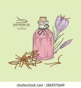 Background with saffron flower and  stamens and bottle of saffron essential oil. Cosmetic, perfumery and medical plant. Vector hand drawn illustration.