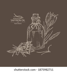 Background with saffron flower and  stamens and bottle of saffron essential oil. Cosmetic, perfumery and medical plant. Vector hand drawn illustration.