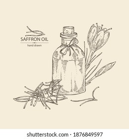 Background with saffron flower and  stamens and bottle of saffron essential oil. Cosmetic, perfumery and medical plant. Vector hand drawn illustration.