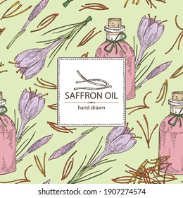 Background with saffron flower and  stamens and bottle of saffron essential oil. Cosmetic, perfumery and medical plant. Vector hand drawn illustration.