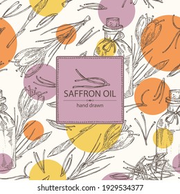 Background with saffron flower and  stamens and bottle of saffron essential oil. Cosmetic, perfumery and medical plant. Vector hand drawn illustration.