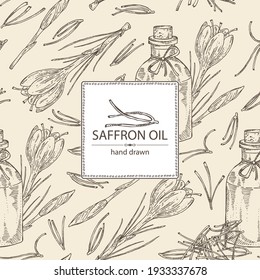 Background with saffron flower and  stamens and bottle of saffron essential oil. Cosmetic, perfumery and medical plant. Vector hand drawn illustration.