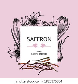 Background with saffron: flower and saffron stamens. Cosmetic, perfumery and medical plant. Vintage card with crocus flowers. Vector hand drawn illustration. Spices and aromatic raw materials