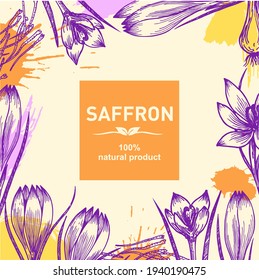 Background with saffron: flower and saffron stamens. Spices sketch. Spring flowers. Cosmetic, perfumery and medical plant. Vector hand drawn illustration.