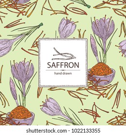 Background with saffron: flower and saffron stamens. Vector hand drawn illustration.