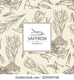 Background with saffron: flower and saffron stamens. Vector hand drawn illustration.