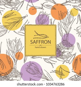 Background with saffron: flower and saffron stamens. Vector hand drawn illustration.