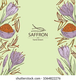 Background with saffron: flower and saffron stamens. Vector hand drawn illustration.