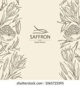 Background with saffron: flower and saffron stamens. Vector hand drawn illustration.