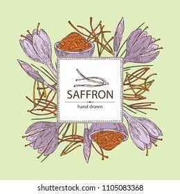 Background with saffron: flower and saffron stamens. Vector hand drawn illustration.