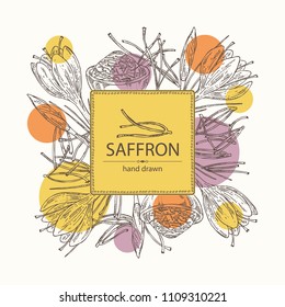 Background with saffron: flower and saffron stamens. Vector hand drawn illustration.