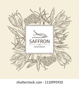 Background with saffron: flower and saffron stamens. Vector hand drawn illustration.