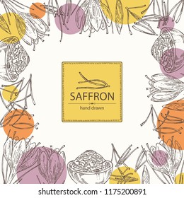 Background with saffron: flower and saffron stamens. Vector hand drawn illustration.