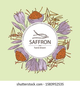 Background with saffron: flower and saffron stamens. Vector hand drawn illustration.