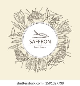 Background with saffron: flower and saffron stamens. Vector hand drawn illustration.