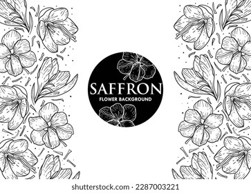 Background with saffron flowers: flower stamens and saffron flowers. Vector hand drawn illustration, suitable for invitation design, herbal, packaging, banner, flayer, textile