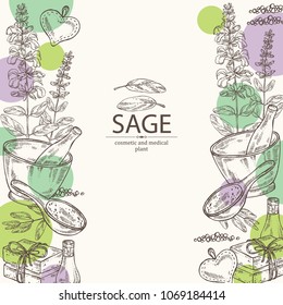 Background with sage, branch of sage, leaves and flowers. Essential oil, mortar, pestle, soap and bath salt . Cosmetic, perfumery and medical plant. Vector hand drawn illustration.