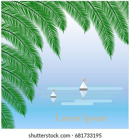 Background with sailing ship, green palm branches, Lorem ipsum on blue flat design stock vector illustration 