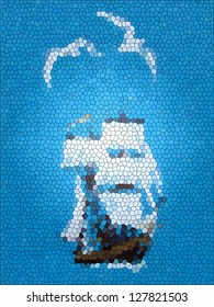Background with a sailing vessel in the form of a stained-glass window