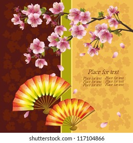 Background with sakura blossom- Japanese cherry tree and two fans, symbol of oriental culture. Place for text. Vector illustration