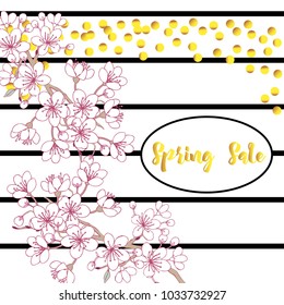 Background with sakura. Hand drawn spring blossom trees. Vector illustration with cherry blossoms.