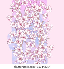 Background with sakura. Hand drawn spring blossom trees. Vector illustration with cherry blossoms.