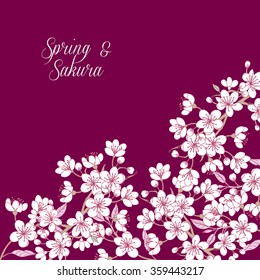 Background with sakura. Hand drawn spring blossom trees. Vector illustration with cherry blossoms.
