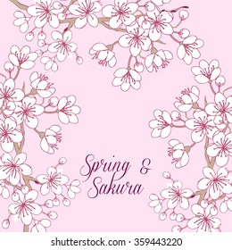 Background with sakura. Hand drawn spring blossom trees. Vector illustration with cherry blossoms.