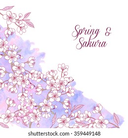 Background with sakura. Hand drawn spring blossom trees. Vector illustration with cherry blossoms.