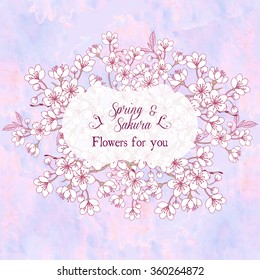 Background with sakura. Hand drawn spring blossom trees. Vector illustration with cherry blossoms.