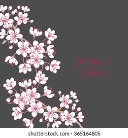 Background with sakura. Hand drawn spring blossom trees. Vector illustration with cherry blossoms.