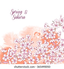Background with sakura. Hand drawn spring blossom trees. Vector illustration with cherry blossoms.