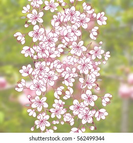 Background with sakura. Hand drawn spring blossom trees. Vector illustration with cherry blossoms.