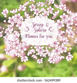 Background with sakura. Hand drawn spring blossom trees. Vector illustration with cherry blossoms.