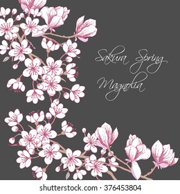 Background with sakura and magnolia. Hand drawn spring blossom trees. Vector illustration with cherry blossoms.